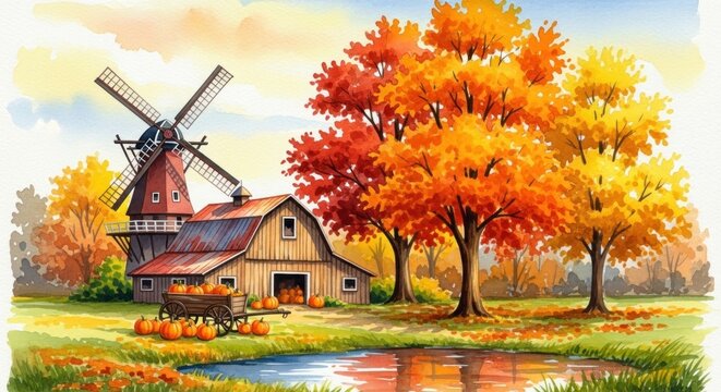 Autumn farm scene windmill, barn, pumpkins, colorful trees, pond, fall harvest