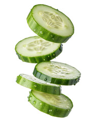 Fresh cucumber slices stacked and falling against a solid background for healthy eating