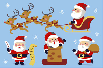 Set of funny cute Santa Claus characters with different poses, emotions, holiday situations isolated on white background.