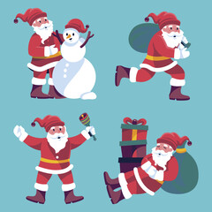 Set of funny cute Santa Claus characters with different poses, emotions, holiday situations isolated on white background.