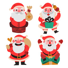 Set of funny cute Santa Claus characters with different poses, emotions, holiday situations isolated on white background.