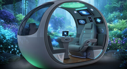 A futuristic pod with advanced technology inside, featuring screens and a comfortable chair, set in a lush, fantastical forest environment with glowing plants