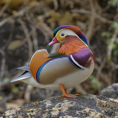 Stunning mandarin duck perched alertly on rock, its vibrant plumage a splash of color in nature's serene palette, perfect for wildlife projects