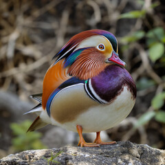 Stunning mandarin duck perched alertly on rock, its vibrant plumage a splash of color in nature's serene palette, perfect for wildlife projects