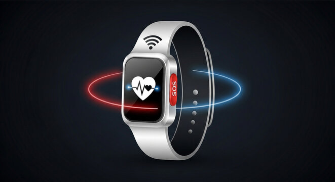 Smartwatch with heart symbol and sos button, surrounded by glowing rings, representing health monitoring and emergency assistance on dark background