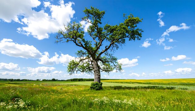 Sunny meadow with lone tree - Powered by Adobe