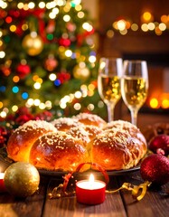Cozy festive table with candles, pastries, lights
