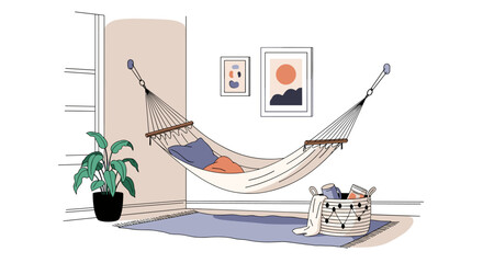 A cozy indoor hammock setup with potted plants and decorative art on the wall.