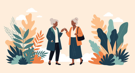 Two elderly women standing amidst lush greenery and colorful abstract foliage.