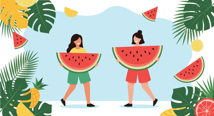 Two women holding large slices of juicy watermelon surrounded by tropical leaves and fruit.