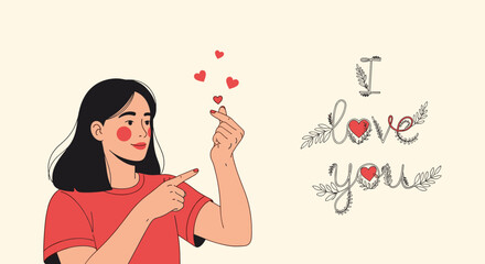 A young woman expresses her love with a gesture and a sweet message.