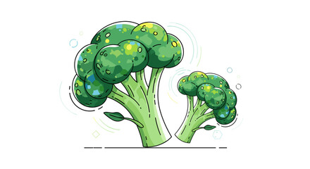 Artistic illustration of fresh broccoli florets on a white background with subtle bubbly effects.