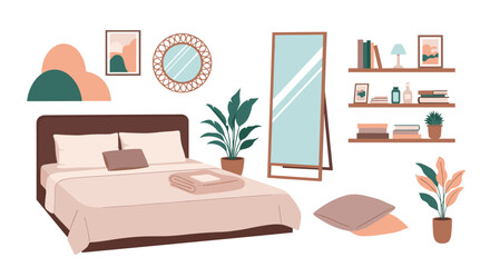 A cozy and inviting bedroom with a large bed, decorative mirror, and plants.