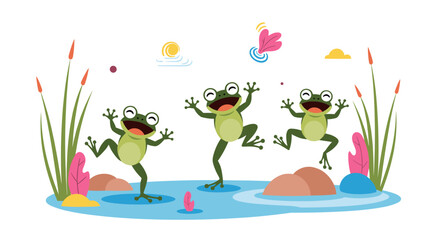 Three joyful green frogs are happily jumping in a pond on a sunny day.