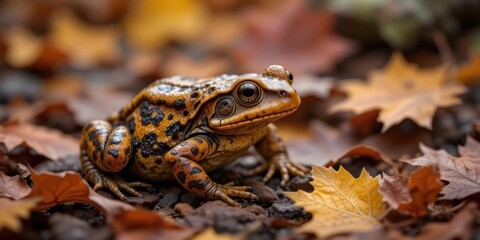 Obraz premium Autumn Park Scene with a Fire Bellied Toad Rich Colors, Detailed Texture