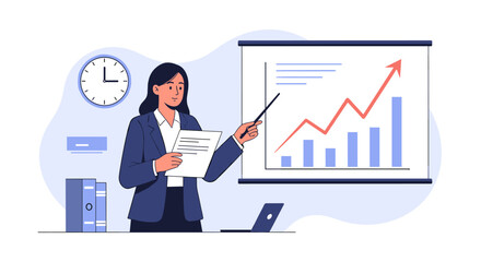 A businesswoman presents a growing financial chart during a presentation to colleagues in an office setting.
