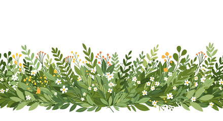 A border of lush green leaves and delicate white wildflowers in full bloom.