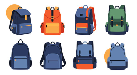 A collection of different styles and colors of backpacks displayed in two rows against a white background.