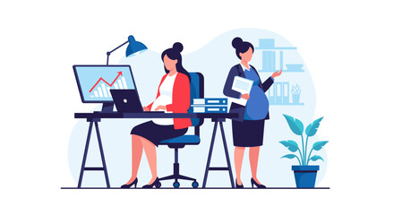 Pregnant employees working in an office environment with computers and plants.