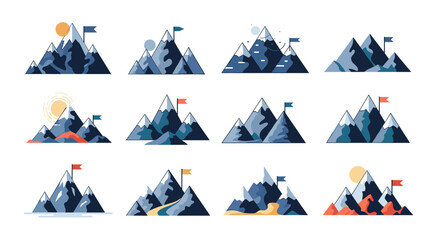 Set of stylized mountain peaks representing success and challenges.