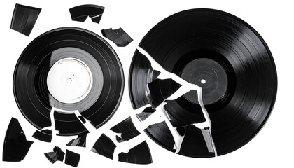 Shattered vinyl records on white background