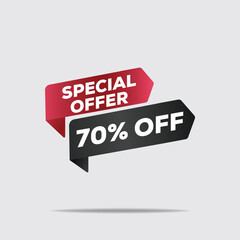 "3D red and black special offer 70% off text, bold modern discount banner with high contrast minimalist design"