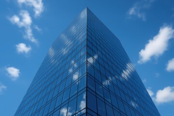 Sleek glass office tower reflecting sky minimal corporate architecture clean sharp lines