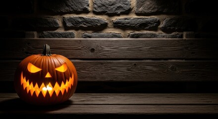 Obraz premium A carved, glowing jack-o'-lantern sits on a weathered wooden bench in front of a brick wall, casting eerie shadows