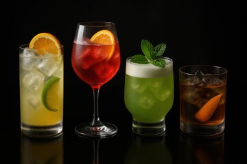 Assorted craft cocktails on black background vibrant garnishes glassware and moody reflections