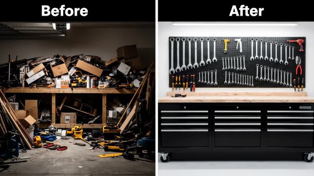 Garage workspace transformation: messy before, perfectly organized after.