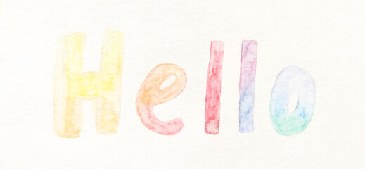 Colorful watercolor text hello on white background in gradient shades of yellow, orange, red, blue, green, and pink.