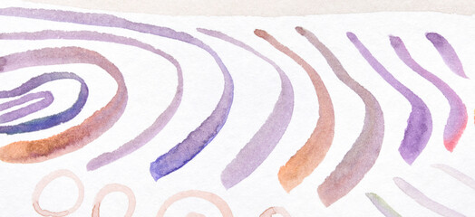 Abstract watercolor painting with curved lines in purple blue and brown tones on white background.
