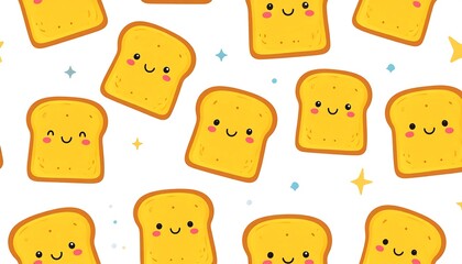 Cute Cartoon Toast Slices Pattern with Smiling Faces on White Background