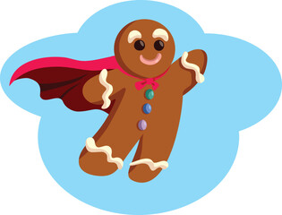 Superhero Gingerbread Man with Cape Flying Vector Character. Cheerful traditional dessert character mascot announcing Christmas  
