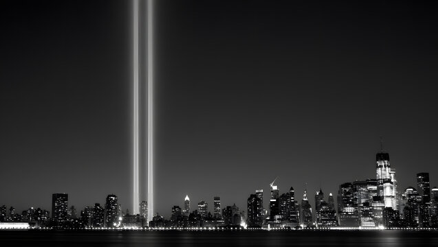Fototapeta Tribute in light memorial in new york city at night in black and white, isolated on white background
