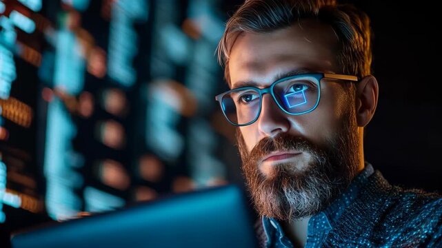 A focused and astute individual with spectacles engages with advanced technology, highlighting innovation and digital prowess.