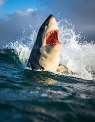 Great white bursts from the wave