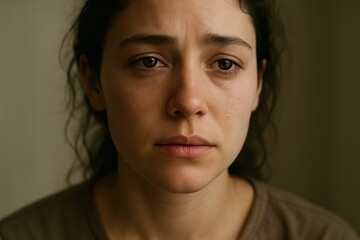 Emotional portrait of young woman with teary eyes soft light tender expressive mood