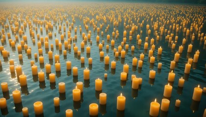 Fototapeta premium Thousands of golden candles drifting across a tranquil emerald lake,