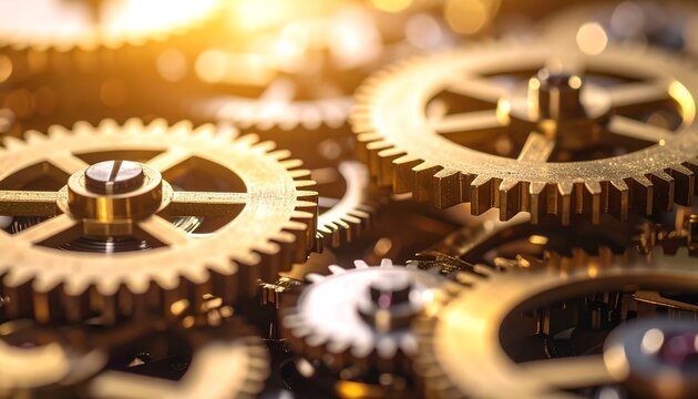 Golden, interconnected gears - Powered by Adobe