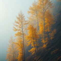 Fototapeta premium Autumn Trees in Foggy Landscape