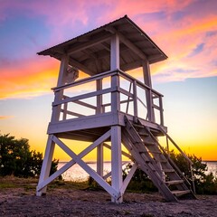 Coastal tower at sunset