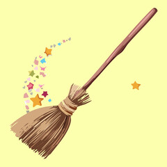 Classic witch's broomstick with straw bristles flying across a background sprinkled with magical stars and dust