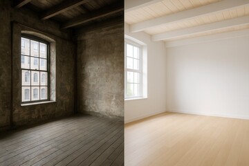 Fototapeta premium Empty loft before and after minimal renovation reveal with bright natural light