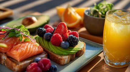 a vibrant and healthy breakfast with fresh fruit on toast, an avocado-topped plate, and a salmon fillet for high-speed photography, shot using camera with a macro lens. the composition 
