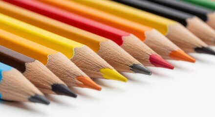 Obraz premium A diagonal line of sharpened colored pencils, tips pointed forward, on a white background