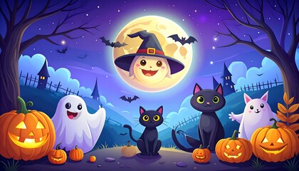 Cute Halloween scene with ghosts and black cats