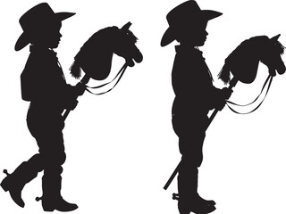 Vector art of silhouette of two little boys playing with stick horses vector illustration