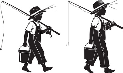 Vector art of silhouette of a young boy with fishing rod, walking to the river to fish © Ai