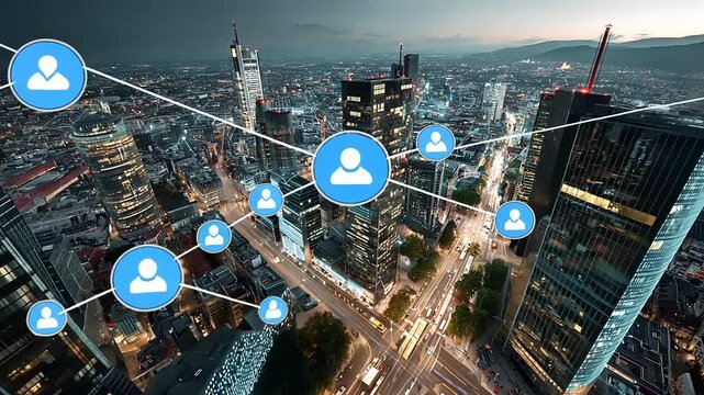 Aerial view of a bustling cityscape at dusk, showcasing urban connectivity and digital networking - Powered by Adobe